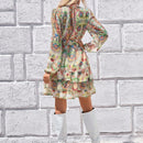 Vestido con cinturon con estampado floral de manga farol bajo con fruncido