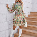 Vestido con cinturon con estampado floral de manga farol bajo con fruncido