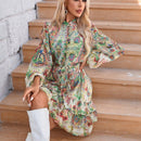 Vestido con cinturon con estampado floral de manga farol bajo con fruncido