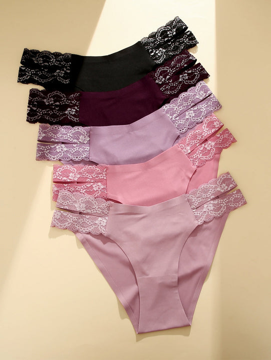 Conjunto de lenceria linda de 5 piezas para mujeres, con braguitas bikini sin costuras, de cintura alta, con encaje en V y braguitas sin costuras