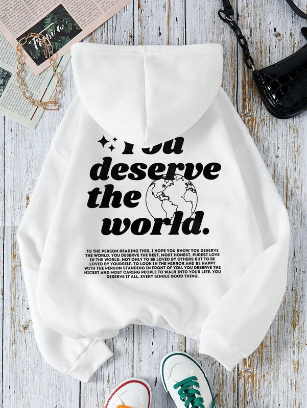 Ezwear capucha con estampado de slogan con bolsillo de canguro con cordon con forro termico