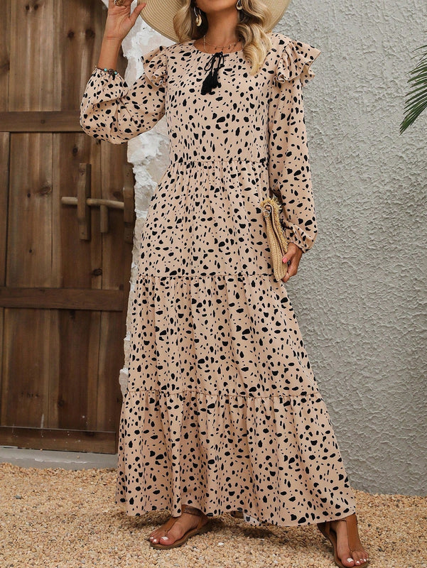 VCAY Vestido con estampado de lunares ribete con fruncido de manga farol