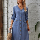 EMERY ROSE Vestido de manga enrollada con boton con boton delantero con doble bolsillo