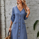 EMERY ROSE Vestido de manga enrollada con boton con boton delantero con doble bolsillo