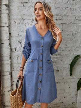 EMERY ROSE Vestido de manga enrollada con boton con boton delantero con doble bolsillo