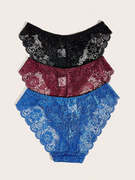 Conjunto De 3 Bragas De Encaje Floral Con Borde De Corte En Onda, Ropa Interior