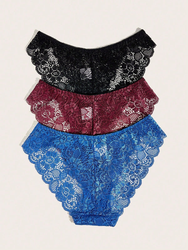 Conjunto De 3 Bragas De Encaje Floral Con Borde De Corte En Onda, Ropa Interior