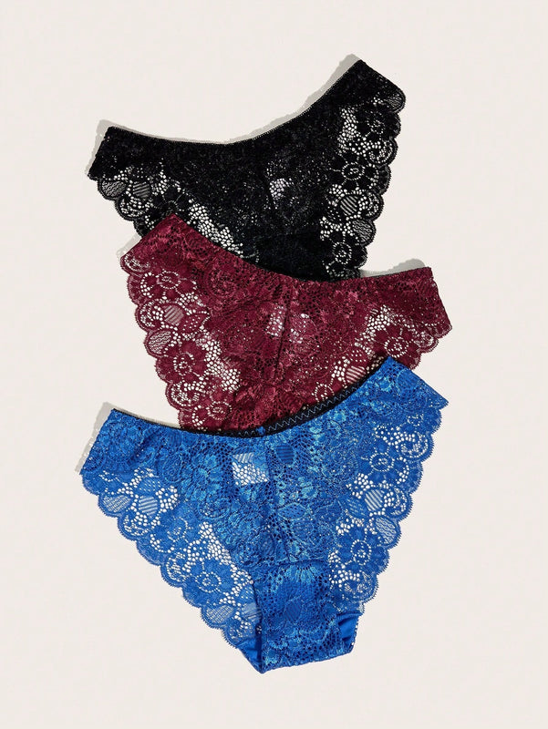 Conjunto De 3 Bragas De Encaje Floral Con Borde De Corte En Onda, Ropa Interior