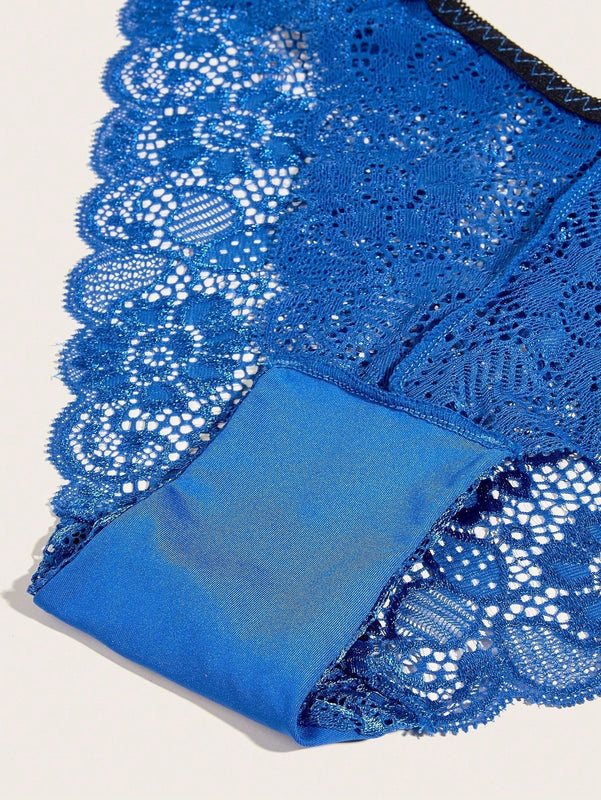 Conjunto De 3 Bragas De Encaje Floral Con Borde De Corte En Onda, Ropa Interior
