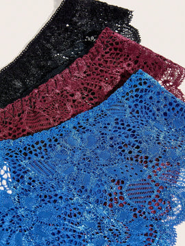 Conjunto De 3 Bragas De Encaje Floral Con Borde De Corte En Onda, Ropa Interior
