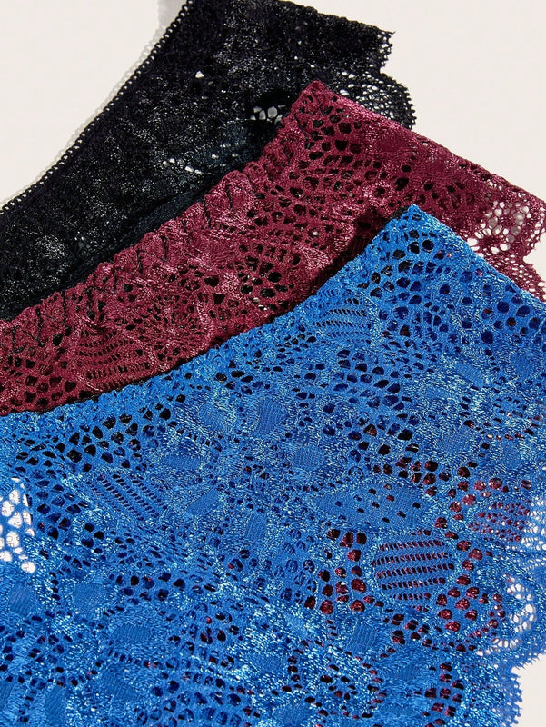 Conjunto De 3 Bragas De Encaje Floral Con Borde De Corte En Onda, Ropa Interior