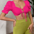 SXY Camisa crop con cordon delantero de manga farol