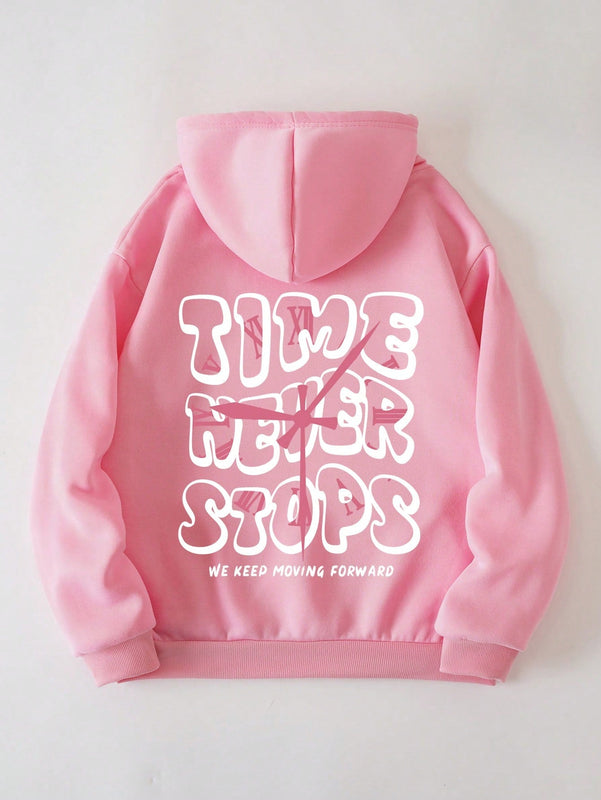 Ezwear sudadera con capucha termica con bolsillo tipo canguro y cordon, grafico de eslogan "el tiempo nunca se detiene, seguimos avanzando"