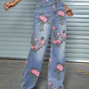 Jeans de pierna recta con bolsillo inclinado y estampado floral vintage