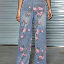 Jeans de pierna recta con bolsillo inclinado y estampado floral vintage