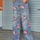 Jeans de pierna recta con bolsillo inclinado y estampado floral vintage