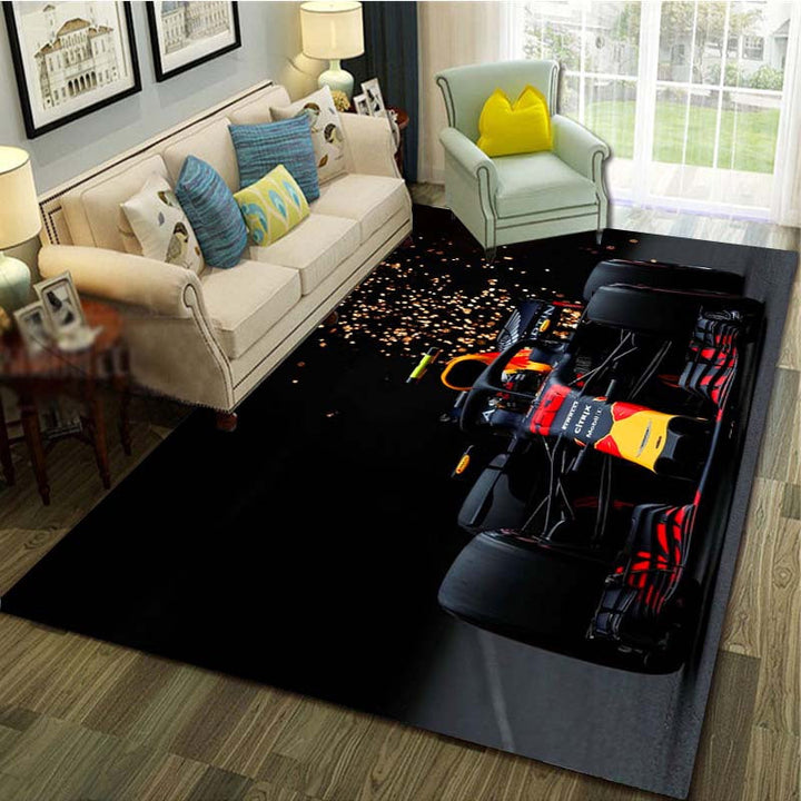 Alfombra de Área con Diseño de Coche de Fórmula 1 - Antideslizante, Lavable a Máquina para Sala de Estar, Dormitorio, Oficina - Decoración Vibrante en 3 Tamaños