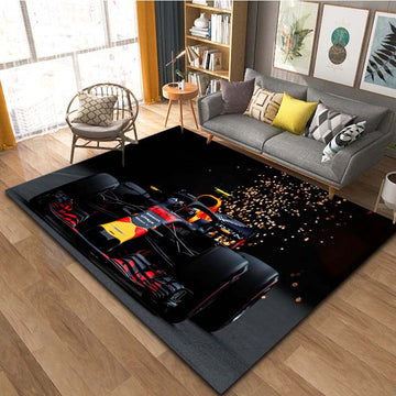 Alfombra de Área con Diseño de Coche de Fórmula 1 - Antideslizante, Lavable a Máquina para Sala de Estar, Dormitorio, Oficina - Decoración Vibrante en 3 Tamaños