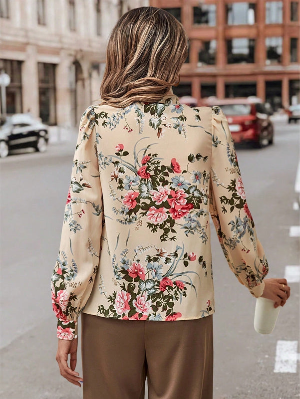 Clasi Blusa con estampado floral de cuello con cordon de manga farol