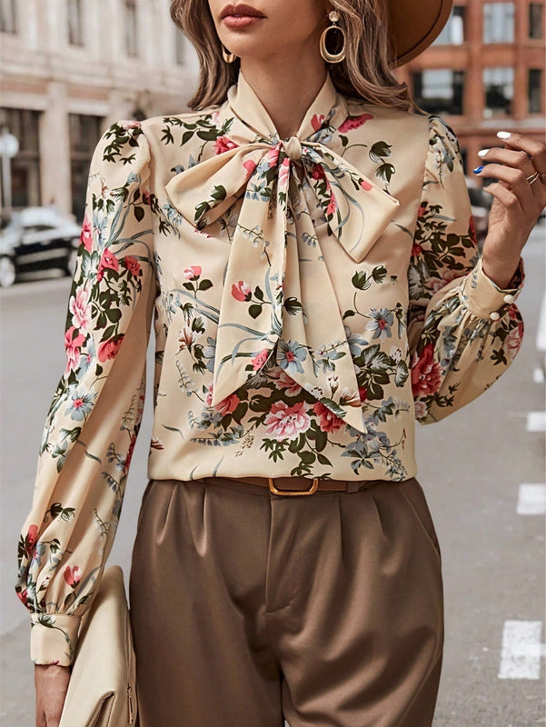 Clasi Blusa con estampado floral de cuello con cordon de manga farol