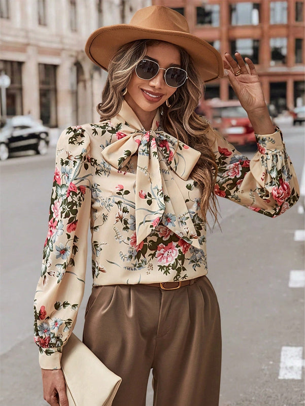 Clasi Blusa con estampado floral de cuello con cordon de manga farol