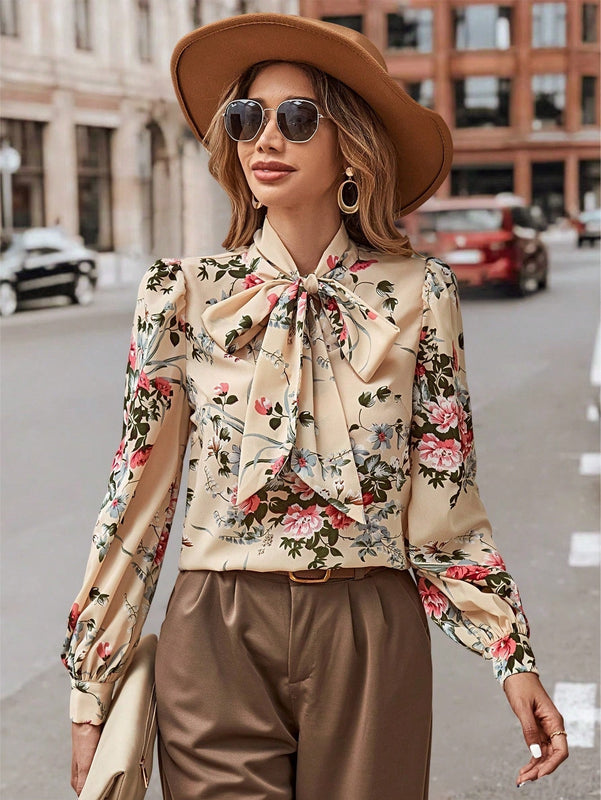 Clasi Blusa con estampado floral de cuello con cordon de manga farol
