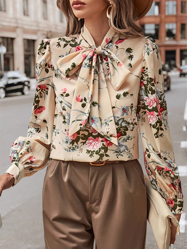 Clasi Blusa con estampado floral de cuello con cordon de manga farol
