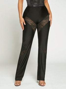Pantalones De Encaje De Contraste, Atuendo De Nochevieja, Atuendo De Fiesta, Atuendo Sexy, Trajes Sexis Para Club