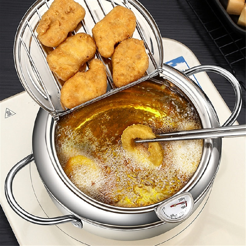 Paella de Acero Inoxidable SUS304 18/8 para Uso Doméstico, Freidora Mini Estilo Japonés con Diseño Ahorrador de Aceite y Pantalla de Temperatura