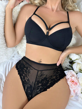 Set de lenceria con encaje floral arnes con aro