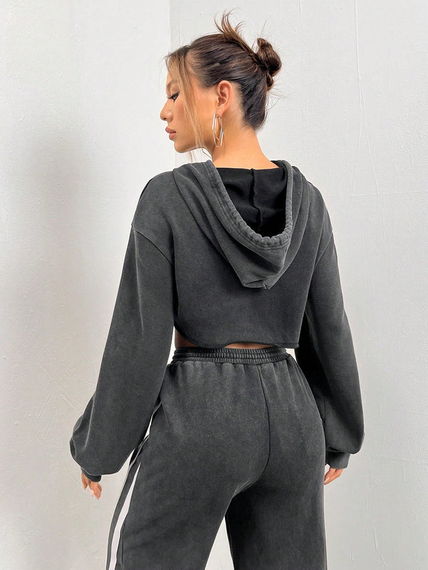 Ezwear capucha crop de hombros caidos con cordon