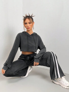 Ezwear capucha crop de hombros caidos con cordon