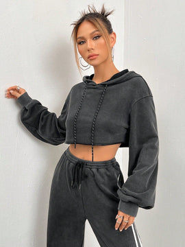 Ezwear capucha crop de hombros caidos con cordon