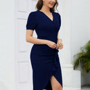 HOMEYEE Vestido de manga farol ribete con fruncido fruncido