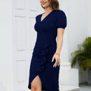 HOMEYEE Vestido de manga farol ribete con fruncido fruncido