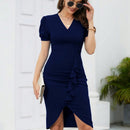 HOMEYEE Vestido de manga farol ribete con fruncido fruncido