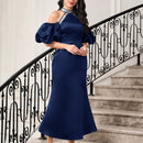 Modely Vestido de hombros descubiertos de manga farol bajo sirena de saten sin cinturon