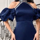 Modely Vestido de hombros descubiertos de manga farol bajo sirena de saten sin cinturon