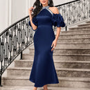 Modely Vestido de hombros descubiertos de manga farol bajo sirena de saten sin cinturon