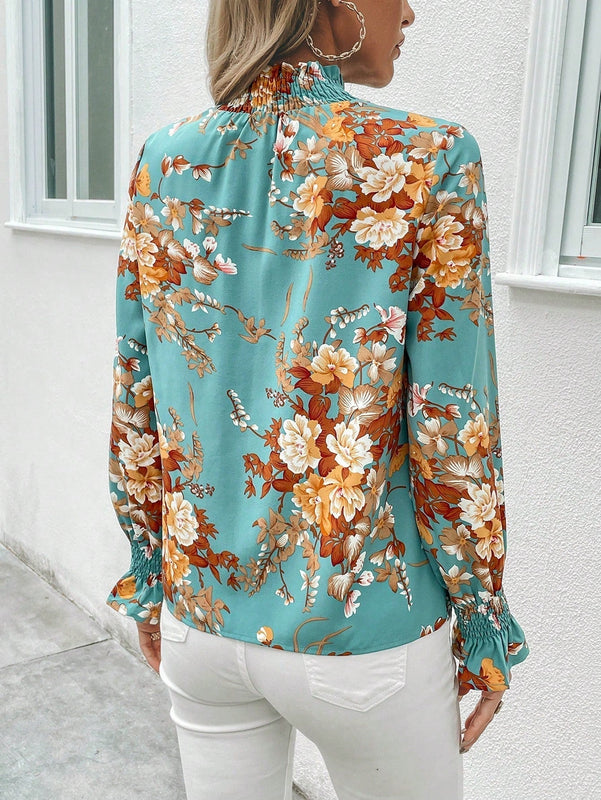 Clasi Blusa con estampado floral de manga amplia ribete fruncido de cuello alto