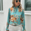 Clasi Blusa con estampado floral de manga amplia ribete fruncido de cuello alto