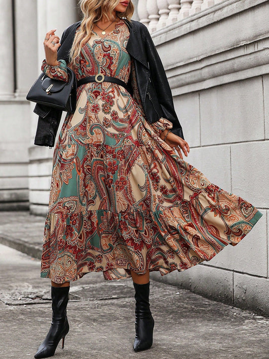 Vestido con estampado de paisley de manga farol bajo con fruncido sin cinturon