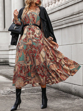 Vestido camisero con estampado de paisley de manga farol sin cinturon