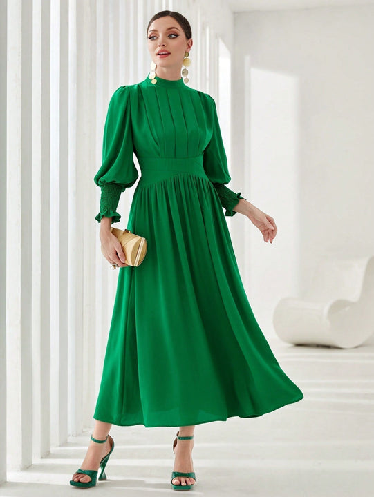 Modely Vestido linea A de cuello alto de manga farol pecho con fruncido