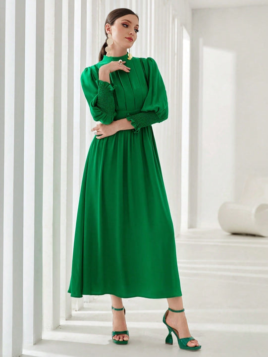 Modely Vestido linea A de cuello alto de manga farol pecho con fruncido