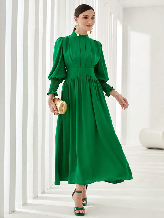 Modely Vestido linea A de cuello alto de manga farol pecho con fruncido