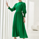Modely Vestido linea A de cuello alto de manga farol pecho con fruncido