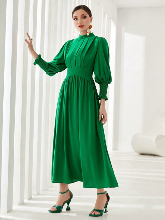 Modely Vestido linea A de cuello alto de manga farol pecho con fruncido