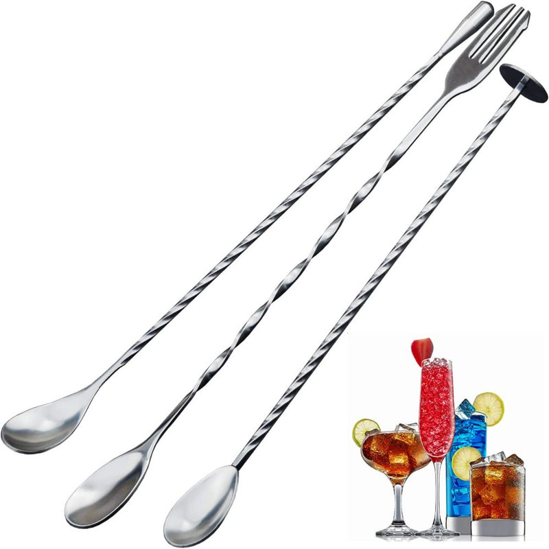 Cuchara Mezcladora de Acero Inoxidable con Mango Largo - Patrón Elegante en Espiral, Perfecta para Cócteles y Bebidas, Ideal para Bares y Restaurantes