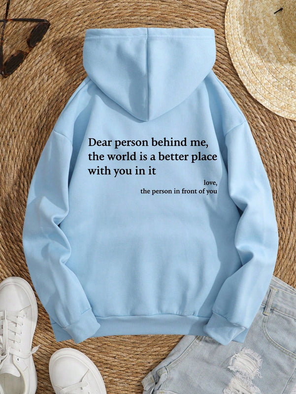 Ezwear capucha con estampado de slogan con bolsillo de canguro con cordon con forro termico